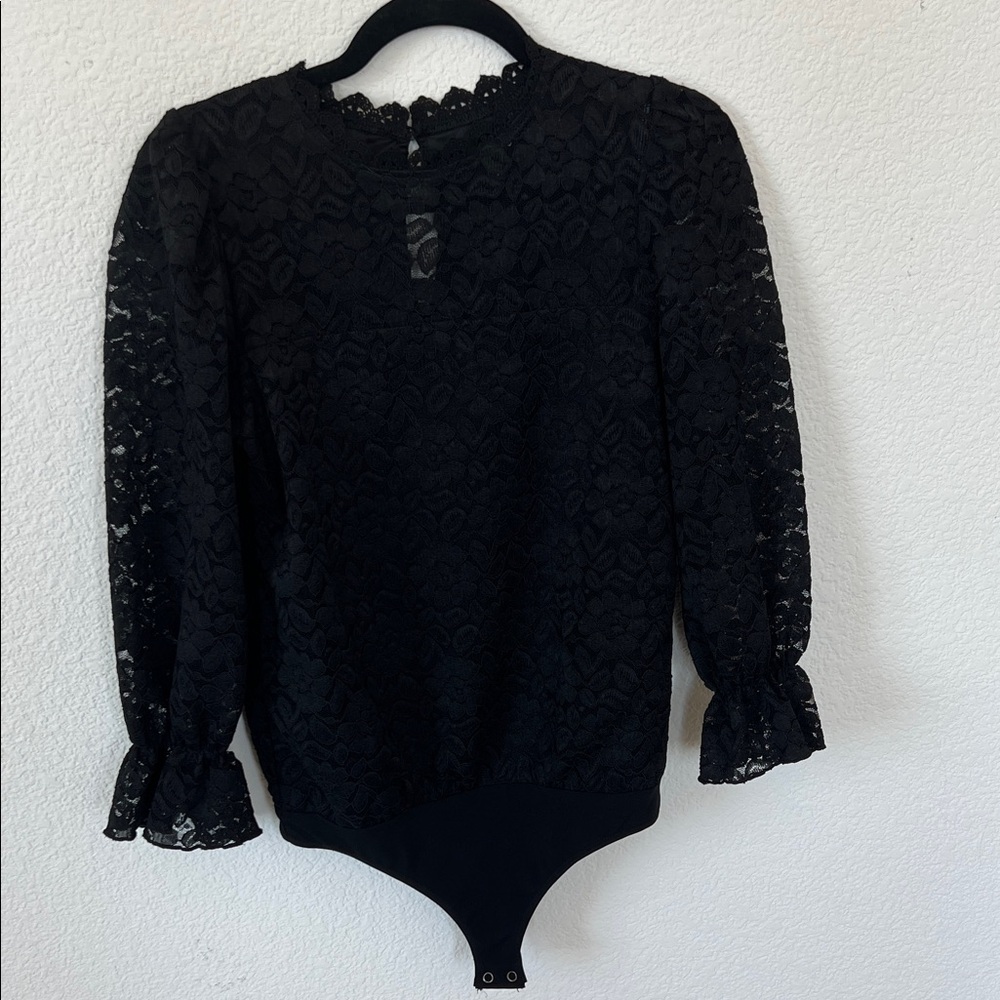 Express Black Lace Long-Sleeve Bodysuit with Ruffled Cuffs